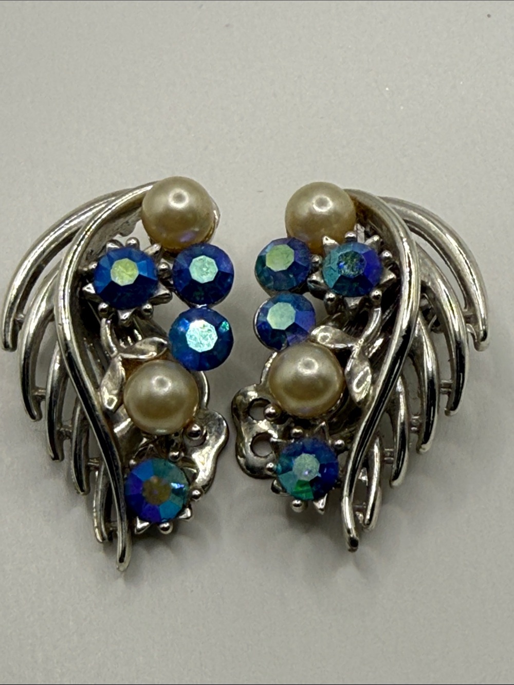 Vintage Lisner Silver-Tone Pearl and Blue Aurora Crystal Clip-On Earrings